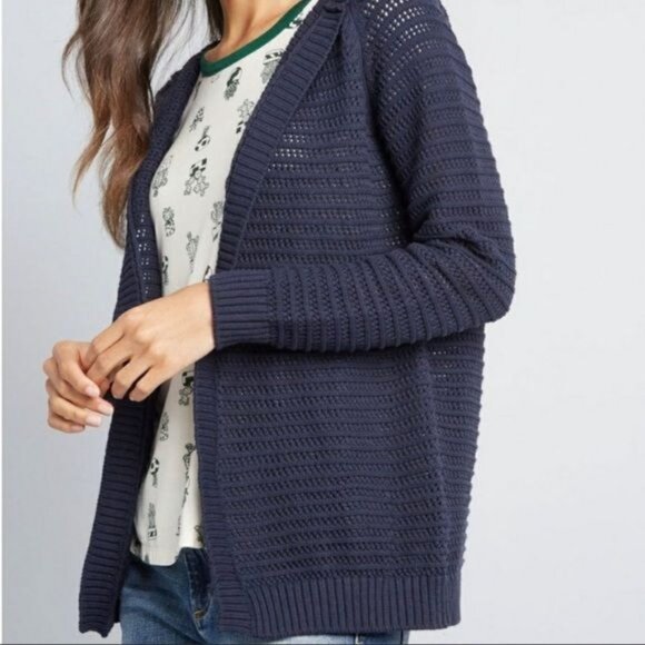 Modcloth Knit Open Front Hooded Cardigan Navy XS - Picture 2 of 7